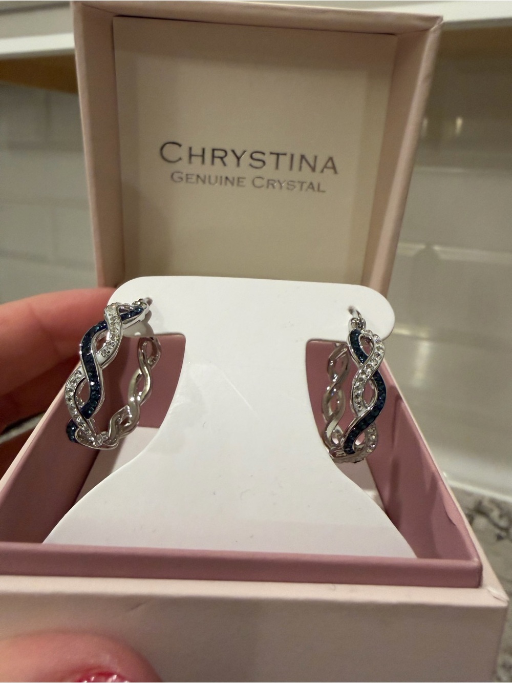 Kohl's Silver-Tone Navy and Clear Crystal Twisted Hoop Earrings